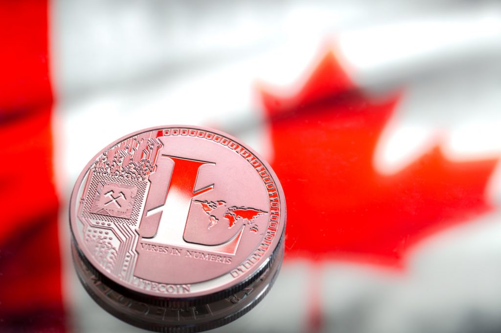 Coins litecoin, against the background of Canada flag.